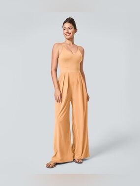 Halara Breezeful Backless Wide Leg Jumpsuit L Tall Peach Quick Dry